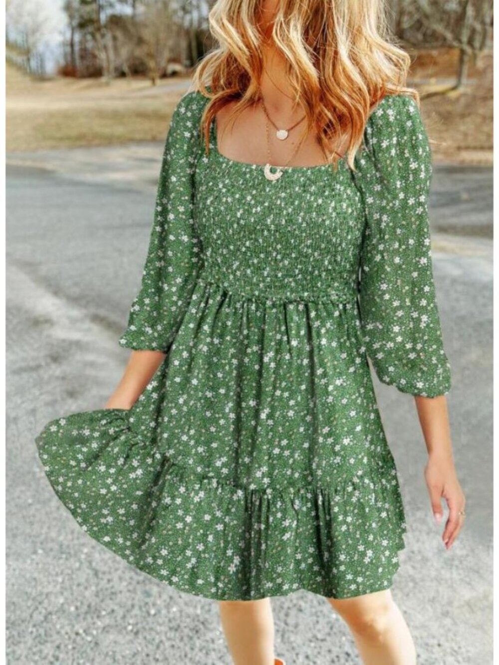 Dokotoo Green Floral Smocked Bust Babydoll Dress | Size L